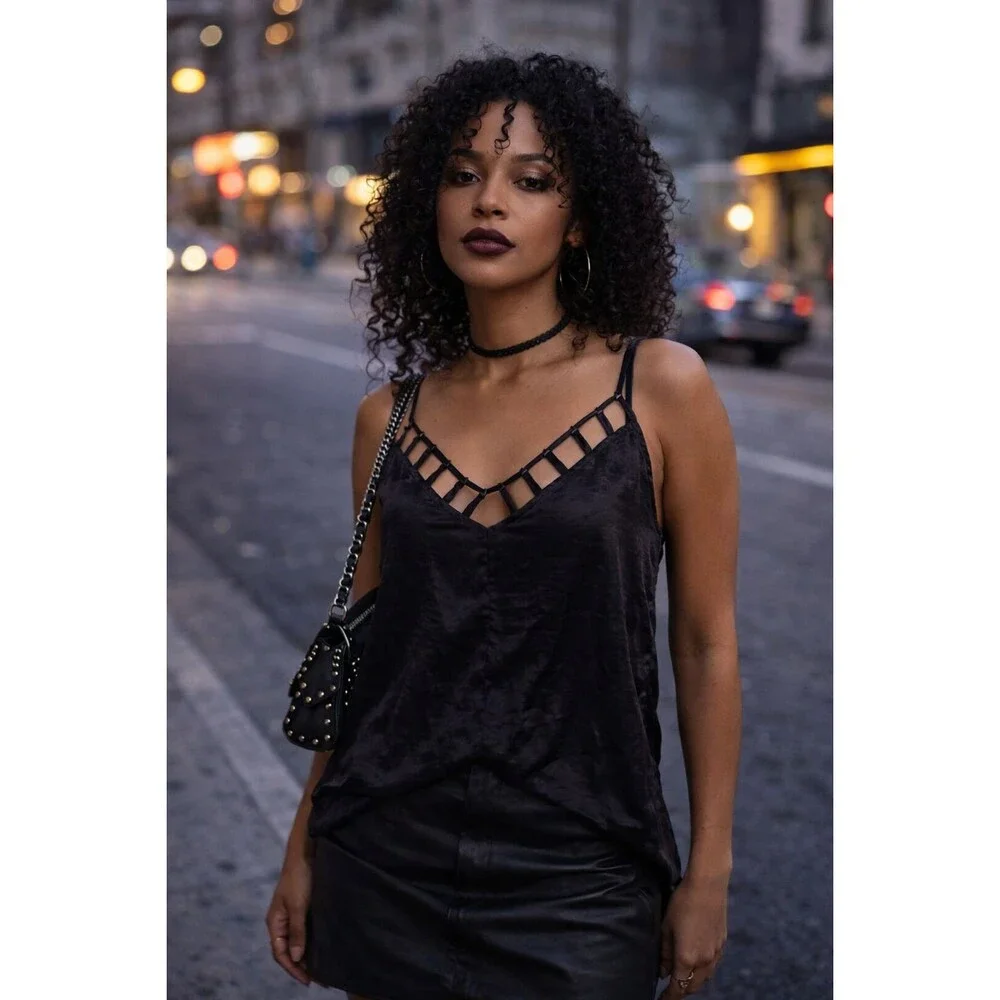 Free People Women's Y2K Black Satin Strappy Back Cami Tank Indie Sleaze Goth Sm‎